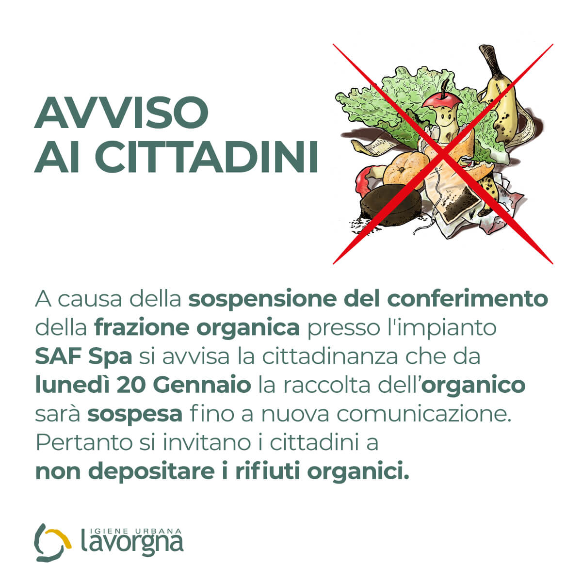 Sospensione temporanea del conferimento della frazione organica dal 20 gennaio 2025