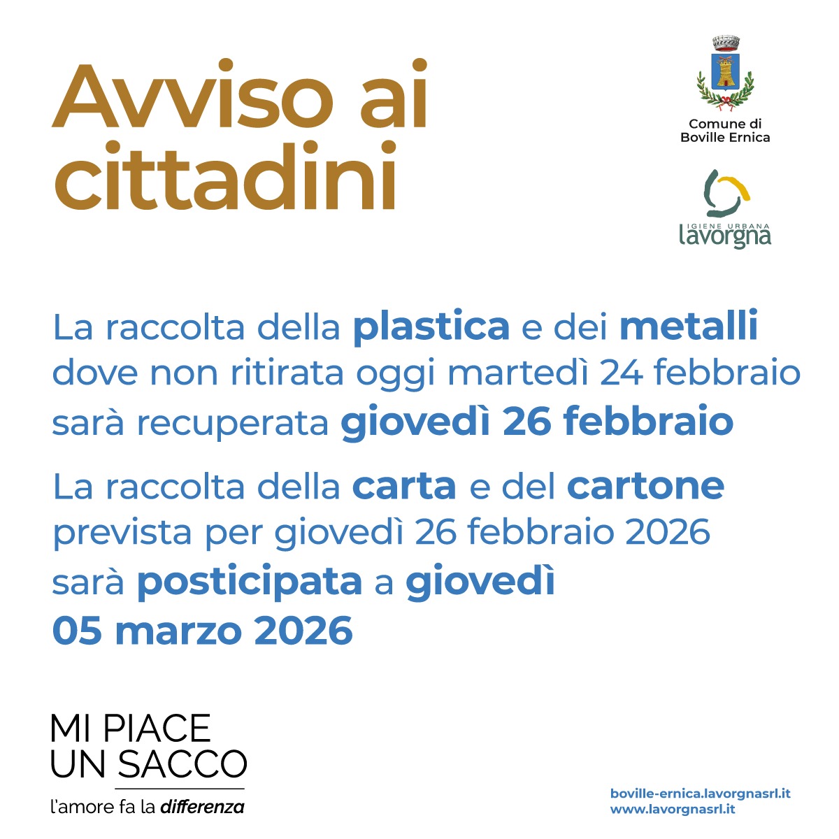 Avviso recupero raccolta plastica, metalli, carta e cartone