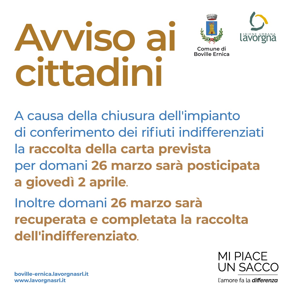 Avviso rinvio della raccolta della carta